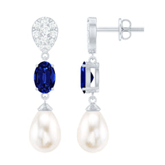 Teardrop Shape Freshwater Pearl Dangle Earrings with Lab Sapphire