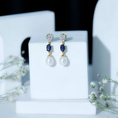 Teardrop Shape Freshwater Pearl Dangle Earrings with Lab Sapphire