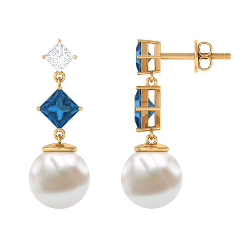 16.5 CT Freshwater Pearl and London Blue Topaz Dangle Drop Earrings with Moissanite