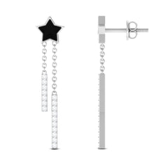 Moissanite Chain Star Dangle Earrings with Black Enamel