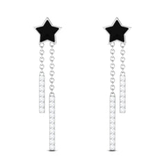 Moissanite Chain Star Dangle Earrings with Black Enamel