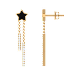 Moissanite Chain Star Dangle Earrings with Black Enamel