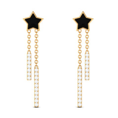 Moissanite Chain Star Dangle Earrings with Black Enamel