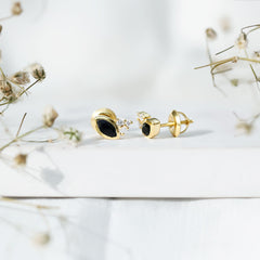 Natural Black Onyx Stud Earrings with Diamond Trio