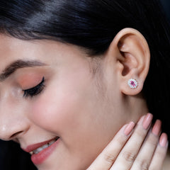 Genuine Pink Sapphire Halo Stud Earrings with Diamond