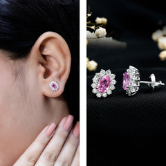 Genuine Pink Sapphire Halo Stud Earrings with Diamond