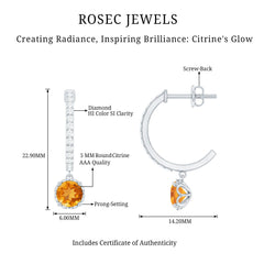 Natural Citrine Diamond Drop Hoop Earrings with Screw Back
