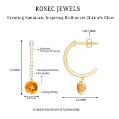 Natural Citrine Diamond Drop Hoop Earrings with Screw Back