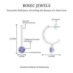 Natural 1 Carat Tanzanite Drop Hoop Earrings with Diamond