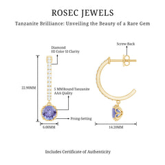 Natural 1 Carat Tanzanite Drop Hoop Earrings with Diamond