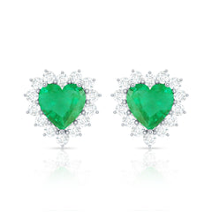 Natural Emerald Heart Stud Earrings with Diamond Halo