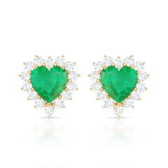 Natural Emerald Heart Stud Earrings with Diamond Halo