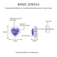 Natural 2 Carat Tanzanite Heart Stud Earrings with Diamond Halo