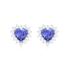 Natural 2 Carat Tanzanite Heart Stud Earrings with Diamond Halo