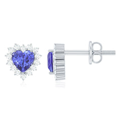 Natural 2 Carat Tanzanite Heart Stud Earrings with Diamond Halo