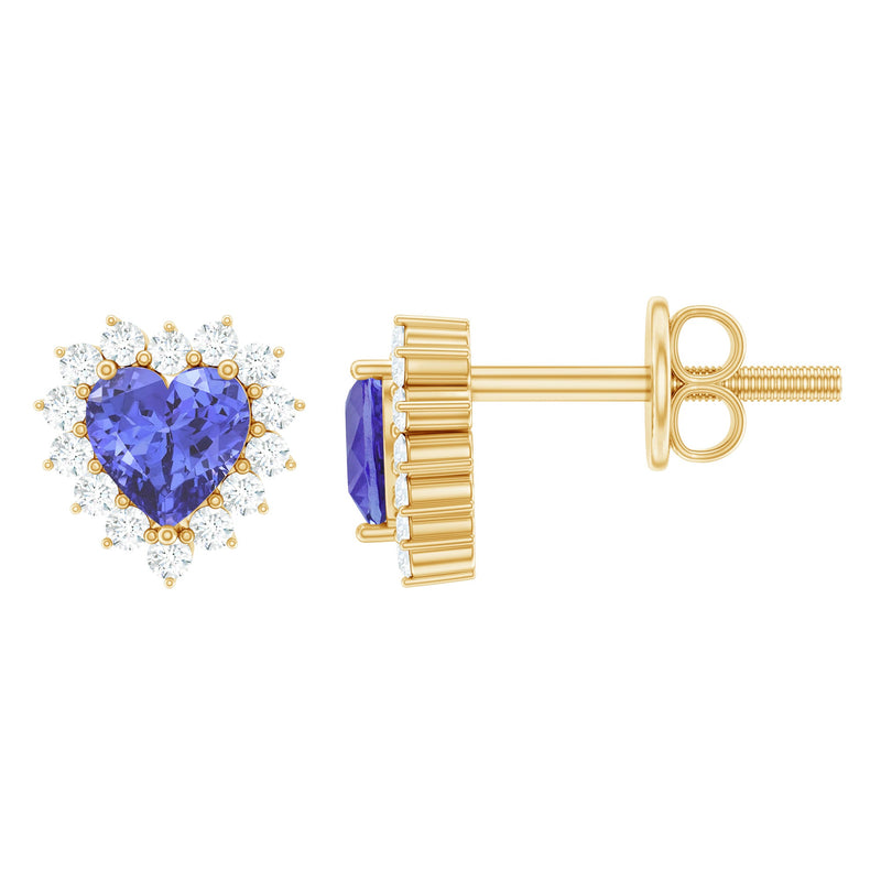 Natural 2 Carat Tanzanite Heart Stud Earrings with Diamond Halo