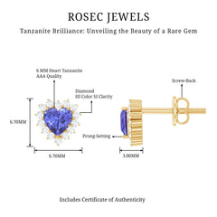 Natural 2 Carat Tanzanite Heart Stud Earrings with Diamond Halo