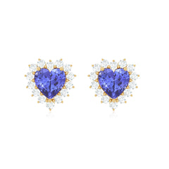 Natural 2 Carat Tanzanite Heart Stud Earrings with Diamond Halo