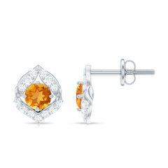 Nature Inspired Citrine Leaf Earrings with Diamond