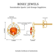 Designer Lab Grown Orange Sapphire Stud Earrings with Diamond