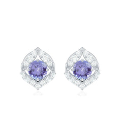 Natural 1 Carat Tanzanite Stud Earrings with Diamond or Women