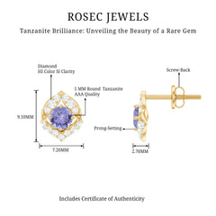 Natural 1 Carat Tanzanite Stud Earrings with Diamond or Women