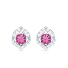 Natural Pink Tourmaline Stud Earrings with Diamond