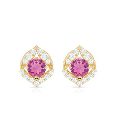 Natural Pink Tourmaline Stud Earrings with Diamond