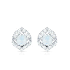 Real Moonstone Diamond Stud Earrings with Screw Back