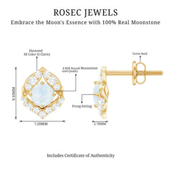 Real Moonstone Diamond Stud Earrings with Screw Back
