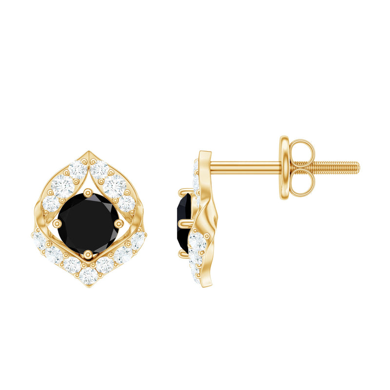 Natural Black Onyx Diamond Leaf Stud Earrings with Screw Back