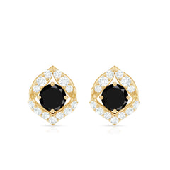 Natural Black Onyx Diamond Leaf Stud Earrings with Screw Back