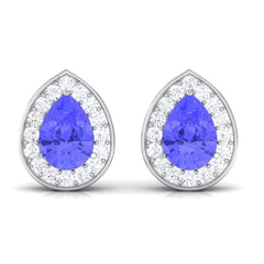 Real 1.6 Carat Pear Shape Tanzanite Stud Earrings with Diamond Halo