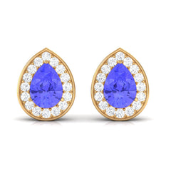 Real 1.6 Carat Pear Shape Tanzanite Stud Earrings with Diamond Halo