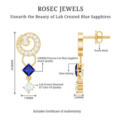 Lab Grown Blue Sapphire and Diamond Wedding Dangle Earrings