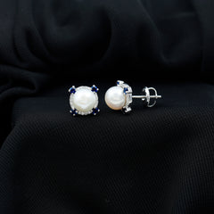 Certified Cultured Pearl and Sapphire Bridal Stud Earrings