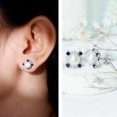 Certified Cultured Pearl and Sapphire Bridal Stud Earrings