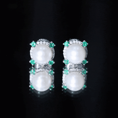 Freshwater Pearl Bridal Stud Earrings with Emerald