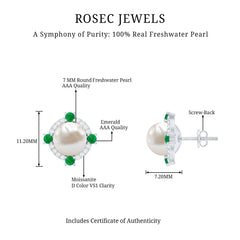 Freshwater Pearl Bridal Stud Earrings with Emerald