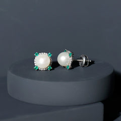 Freshwater Pearl Bridal Stud Earrings with Emerald