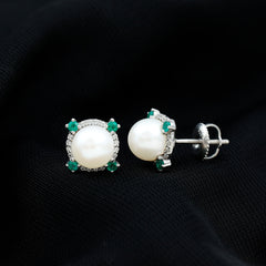 Freshwater Pearl Bridal Stud Earrings with Emerald