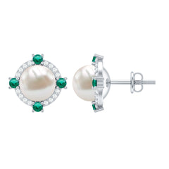 6 Carat Pearl Stud Earrings with Created Emerald and Diamond Halo