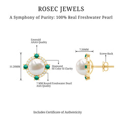 6 Carat Pearl Stud Earrings with Created Emerald and Diamond Halo