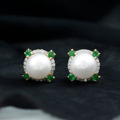 6 Carat Pearl Stud Earrings with Created Emerald and Diamond Halo