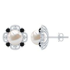 Vintage Style Freshwater Pearl and Black Onyx Stud Earrings