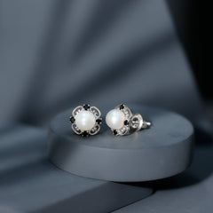 Vintage Style Freshwater Pearl and Black Onyx Stud Earrings