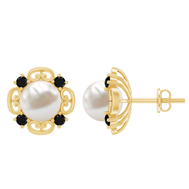 Vintage Style Freshwater Pearl and Black Onyx Stud Earrings