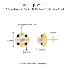 Vintage Style Freshwater Pearl and Black Onyx Stud Earrings