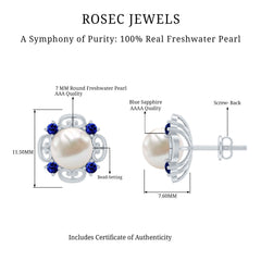 Vintage Freshwater Pearl Stud Earrings with Created Blue Sapphire