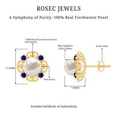Vintage Freshwater Pearl Stud Earrings with Created Blue Sapphire